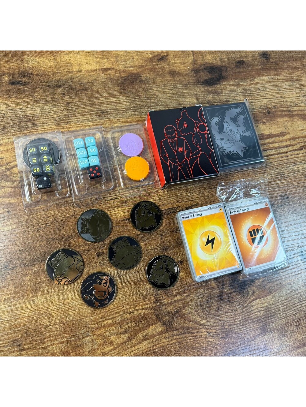 Pokemon TCG Accessory Lot Plastic Coins Dice Card Sleeves Giovanni Darkrai ETB